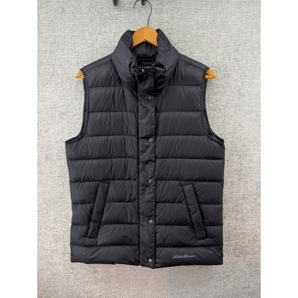 Eddie Bauer Women's S Black Down 650 Fill Puffer‎ Vest Quilted Snap Zip Front